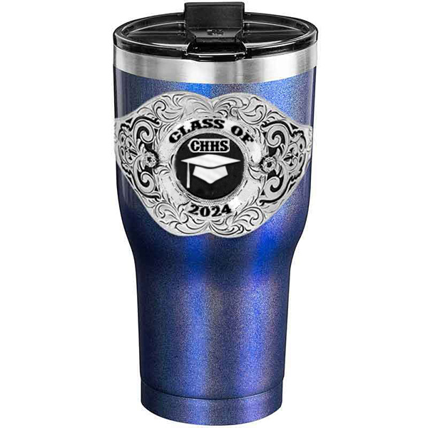 A customized tumbler made of stainless steel with a personalized engraved Class of 2024 lettering with graduate cap figure, 30 oz, ideal for coffee or cool drinks